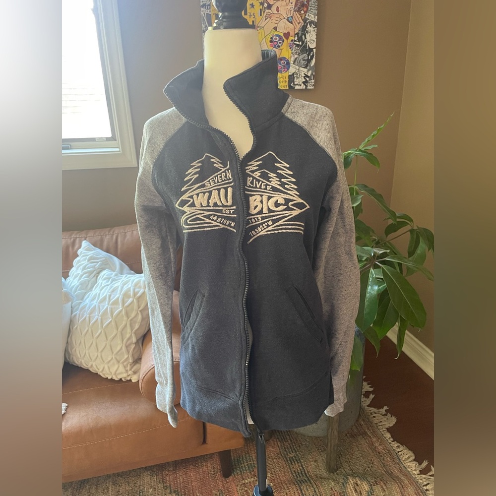Gray and Blue Campus Crew Zip-Up Sweater